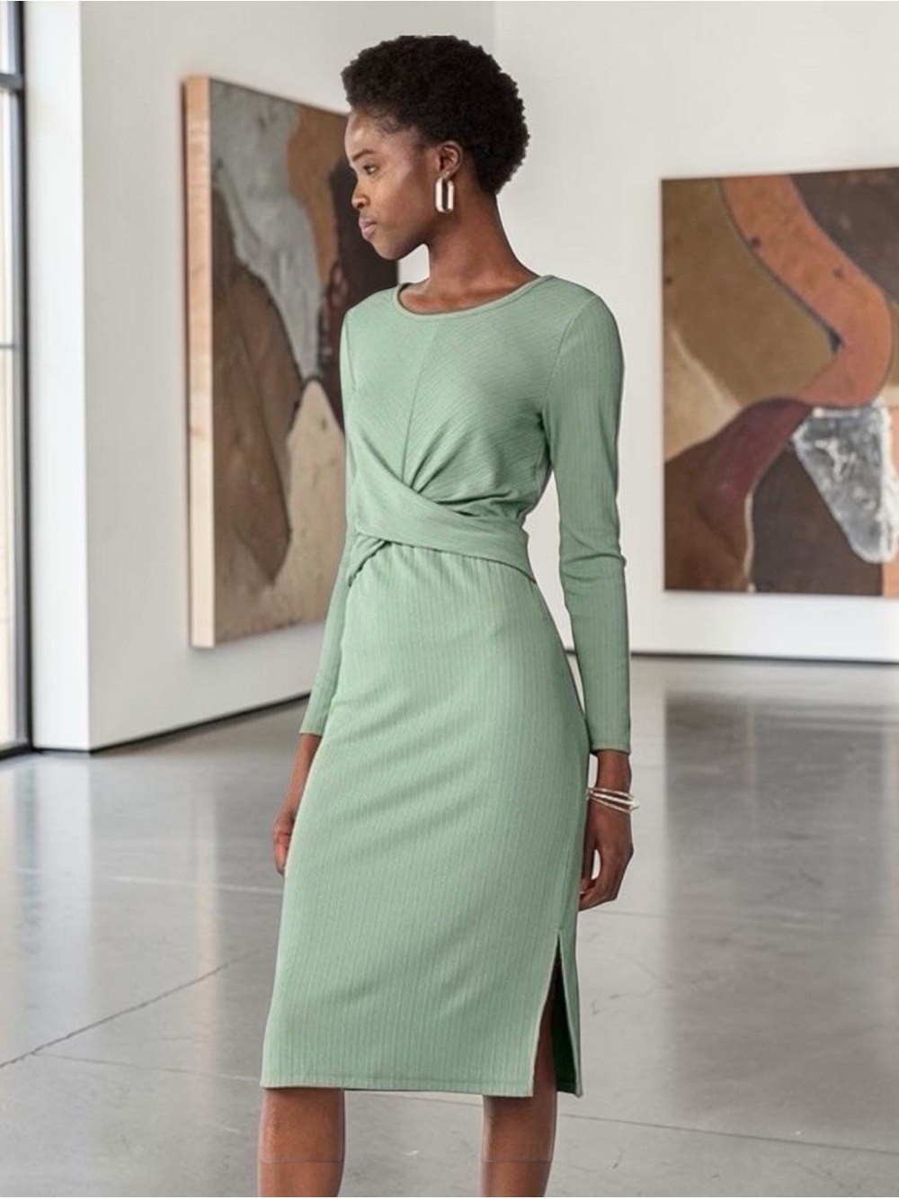 NWT Nine West Sage Green Twist Front Ribbed Midi Dress M $50